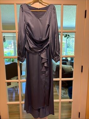 Elegant French Blue Satin Gown with Ruffle Detail Size L Formal Wear